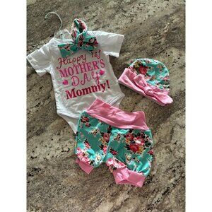 Happy 1st MotherS Day Mommy Infant Outfit With Floral Bow & Pants